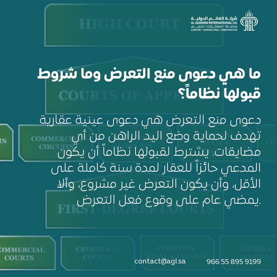 ما هي دعوى منع التعرض وما شروط قبولها نظاماً؟ ما هي دعوى منع التعرض وما شروط قبولها نظاماً؟
